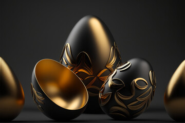 Easter eggs black matte and gold color. Stylish Easter eggs poster with golden elements on a black background. Minimalistic design. 3d illustration. Generative AI