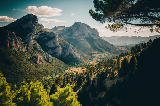 Catalan mountain valley in view. Generative AI