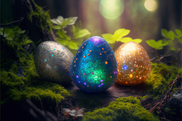 Fototapeta na wymiar Fabulous Easter eggs, glowing eggs in the grass among the flowers in the forest, blurred background, fantasy style Easter card. Generative AI