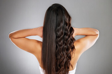 Woman back, curly or straight hairstyle on gray studio background for keratin treatment marketing,...