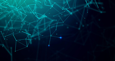 Digital technology futuristic data connect blue green background, abstract cyber communication information, innovation future tech, internet network connection, Ai big data, polygonal illustration 3d