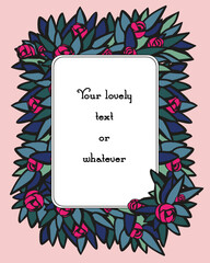 vintage art deco frame with flowers, bright pinc roses and blue leaves