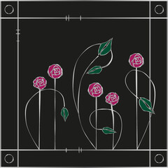 floral seamless mosaic pattern, art deco vintage tile pattern, magenta roses on black backround