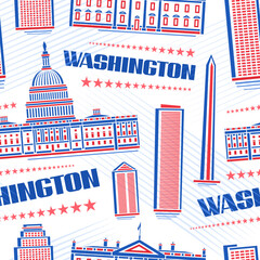 Vector Washington Seamless Pattern, repeating background with illustration of famous washington city scape on white background for wrapping paper, decorative line art urban poster with text washington