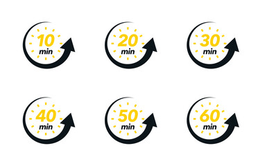 10, 20, 30, 40, 50, 60 min. Timer, clock, stopwatch isolated set icons. Timer icon set, modern vector design. Vector illustration - obrazy, fototapety, plakaty