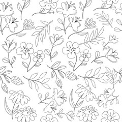 Seamless pattern outline of flowers and leaves.