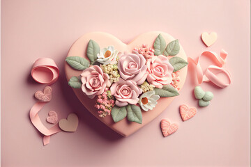 Paper heart with ribbons and flowers roses and chocolates on a pink background, congratulations on the occasion, women's day, valentine's day, February 14, 3d render. Generative AI