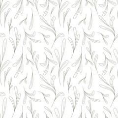 Scandinavian vector seamless pattern of many small hand drawn leaves on white background. Editable outlines. Botanical print. Decorative art element for packaging layout design. Thin contour plant set