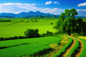 landscape with a vivid green field and a sky that is clean and blue. Generative AI