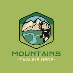 Mountain Adventure badge design with mountains and reindeer. Travel logo graphics. Stock vector camping label isolated on green background