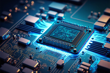 Microchip device, technology and work in the service industry, backlight, neon, blue color, microcircuit for a computer. Generative AI