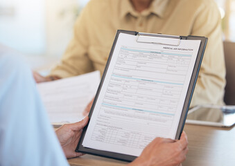 Health insurance, healthcare and medical aid information with clipboard and health data....