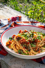 pasta putanesca, spaghetti with anchovies, recipe illustration, Italian cuisine