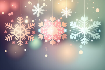 Fototapeta na wymiar Christmas pastel colorful background with snowflakes and bokeh. New Year banner.