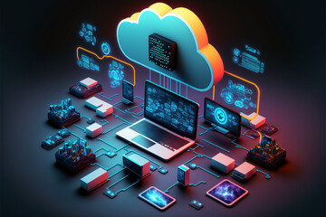 Cloud technologies concept. Data center concept. Modern cloud technologies. Neon rainbow colors, cyber space, isometric illustration network with computer, laptop, tablet and smartphone. Generative AI - obrazy, fototapety, plakaty
