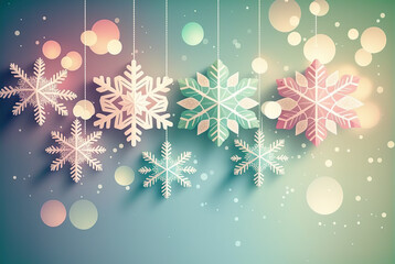 Fototapeta na wymiar Christmas pastel colorful background with snowflakes and bokeh. New Year cute banner.