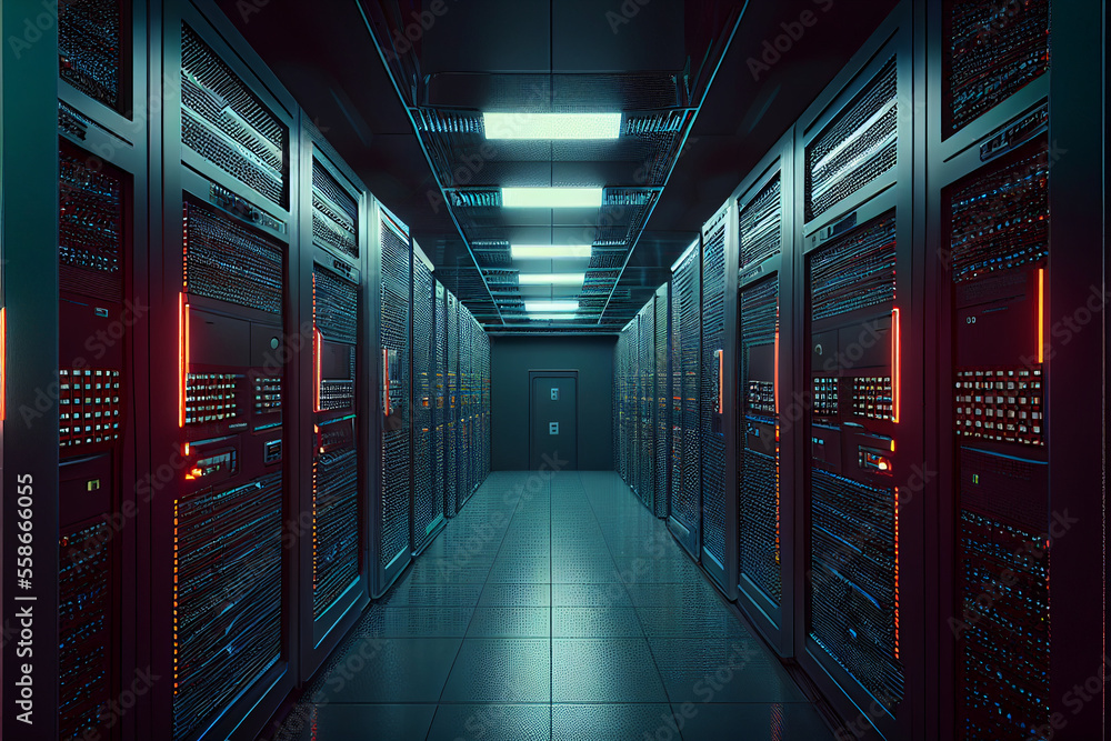Poster computer in the data center. cloud computing service on a large server farm. cyber ​​security at nig