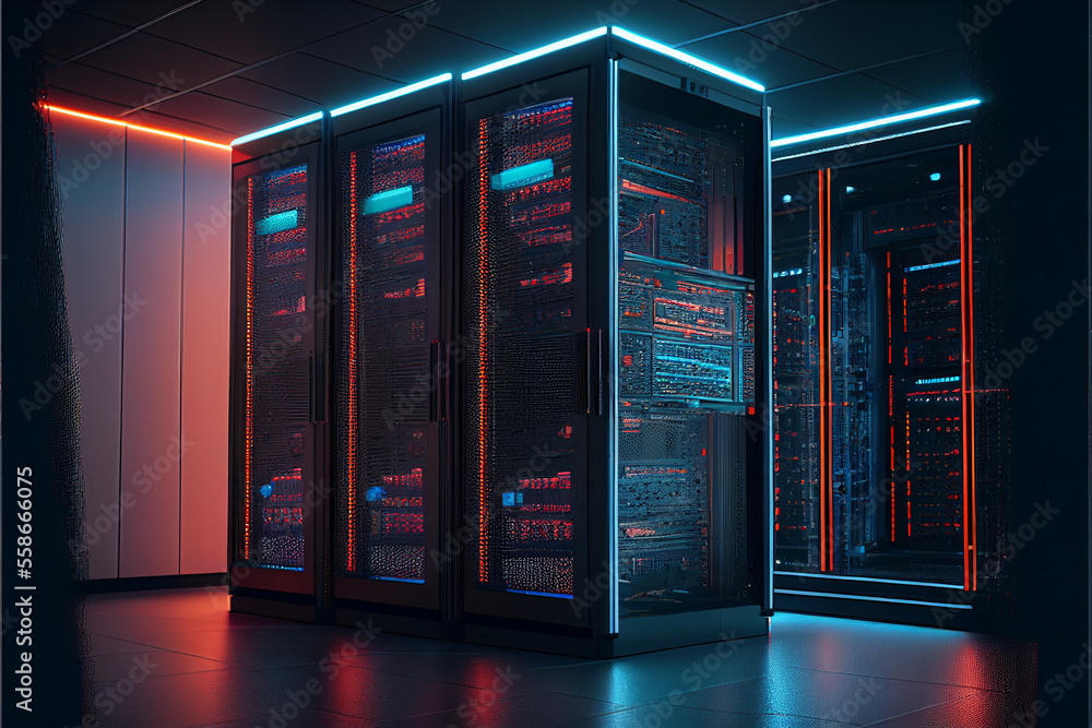 Poster computer in the data center. cloud computing service on a large server farm. cyber ​​security at nig