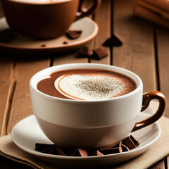 cup of hot chocolate coffee with cocoa, sugar powder and winter spices on cozy wooden background