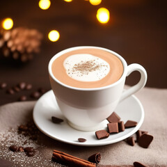 Obraz premium cup of hot chocolate coffee with cocoa, sugar powder and winter spices on cozy wooden background