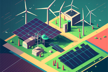 SDG's, 風力発電と太陽光パネルのエネルギー関連のイラスト Generative AI