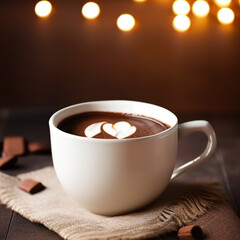 cup of hot chocolate coffee with cocoa, sugar powder and winter spices on cozy wooden background
