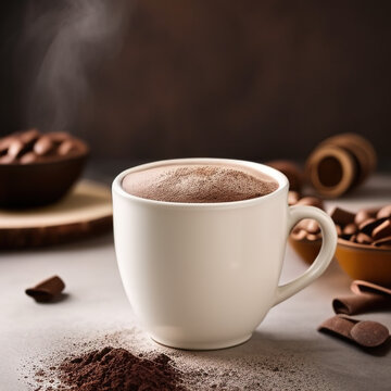 Cup Of Hot Chocolate Coffee With Cocoa, Sugar Powder And Winter Spices On Cozy Wooden Background