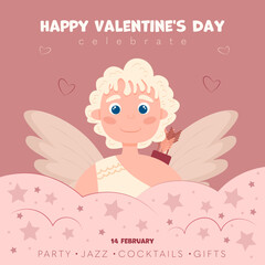 Happy Valentine's day. Cute cartoon cupid with arrows in the clouds. Vector design. Background, card, flyer.
