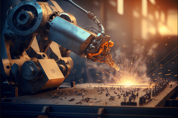 Obraz premium 産業アームロボットと加工の火花、Generative AI