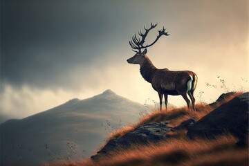 a deer standing on top of a grass covered hill next to a mountain side with a cloudy sky in the background and a few clouds in the sky above it, with a brown grass.
