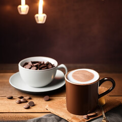 Fototapeta premium cup of hot chocolate coffee with cocoa, sugar powder and winter spices on cozy wooden background