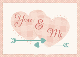 A Valentine card design with lumberjack plaid hearts and text. 5x7 ratio
