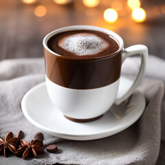 Obraz premium cup of hot chocolate coffee with cocoa, sugar powder and winter spices on cozy wooden background