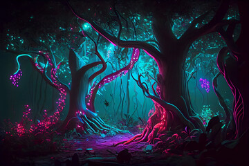 Colorful Dark Night Fairytale Fantasy Forest Landscape with Magical Glows