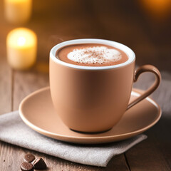 cup of hot chocolate coffee with cocoa, sugar powder and winter spices on cozy wooden background