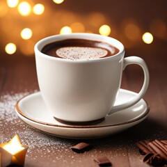 cup of hot chocolate coffee with cocoa, sugar powder and winter spices on cozy wooden background