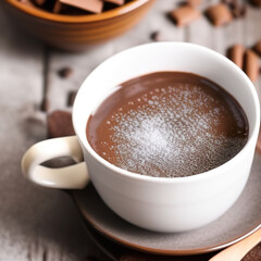 Obraz premium cup of hot chocolate coffee with cocoa, sugar powder and winter spices on cozy wooden background