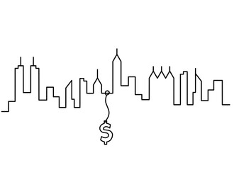 Obraz premium Abstract panoramic landscape with dollar as continuous lines drawing on white. Vector