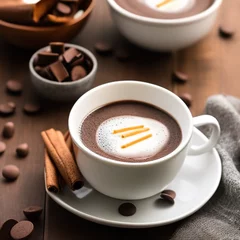 Fotobehang cup of hot chocolate coffee with cocoa, sugar powder and winter spices on cozy wooden background © Kuba