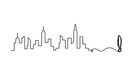 Abstract panoramic landscape with exclamation mark as continuous lines drawing on white