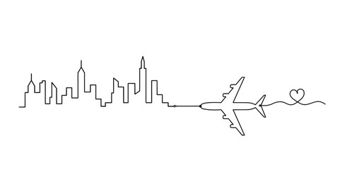 Abstract panoramic landscape with plane as continuous lines drawing on white. Vector