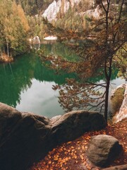 Colored autumn in the forest over the lake