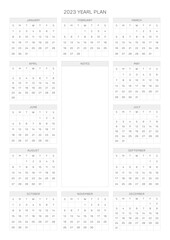 This is a simple, minimalist style annual planner with a year 12 month calendar for 2023. Note, scheduler, diary, calendar planner document template illustration.
