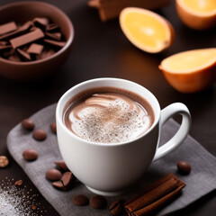 Obraz premium cup of hot chocolate coffee with cocoa, sugar powder and winter spices on cozy wooden background