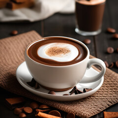 cup of hot chocolate coffee with cocoa, sugar powder and winter spices on cozy wooden background