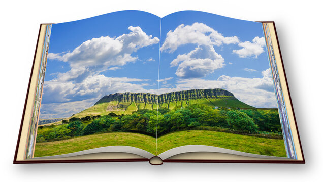 Typical Irish landscape with the Ben Bulben mountain called table mountain for its particular shape (county of Sligo - Ireland) - 3D render photo book