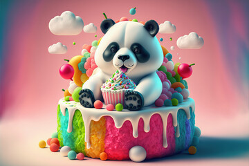 Obraz na płótnie Canvas Joyful 3D panda on cupcake: Delighted panda amidst vibrant fruits, enjoying a pink dripping cupcake topped with berries, with floating candy balloons. Perfect for celebrations generative ai 