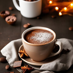 Obraz premium cup of hot chocolate coffee with cocoa, sugar powder and winter spices on cozy wooden background