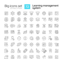 Learning management system linear icons set. Software application for students. Program interface. Customizable thin line symbols. Isolated vector outline illustrations. Editable stroke