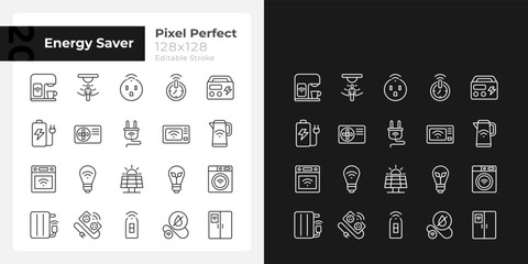 Energy saver pixel perfect linear icons set for dark, light mode. Smart home appliances. Internet of things. Thin line symbols for night, day theme. Isolated illustrations. Editable stroke